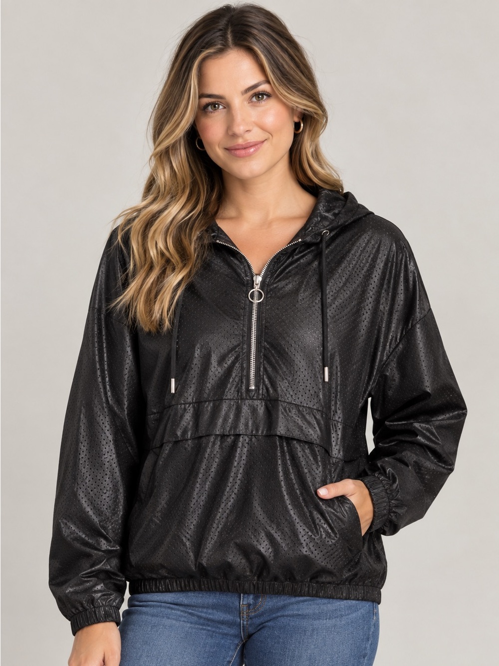 Zara Black Perforated Faux-Leather Hooded Bomber Pullover - Size M